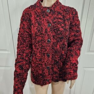 L.L. Bean Signature Cable Knit Cardigan Wool Blend Red Black Sz XL NWT
